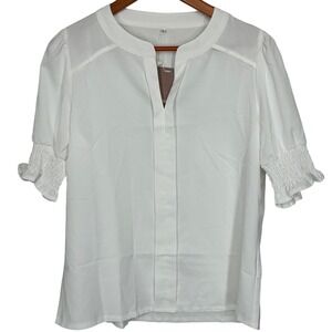 Yesfashion White Short-Sleeved Blouse Smocked Cuffs Women's Size Large NWT